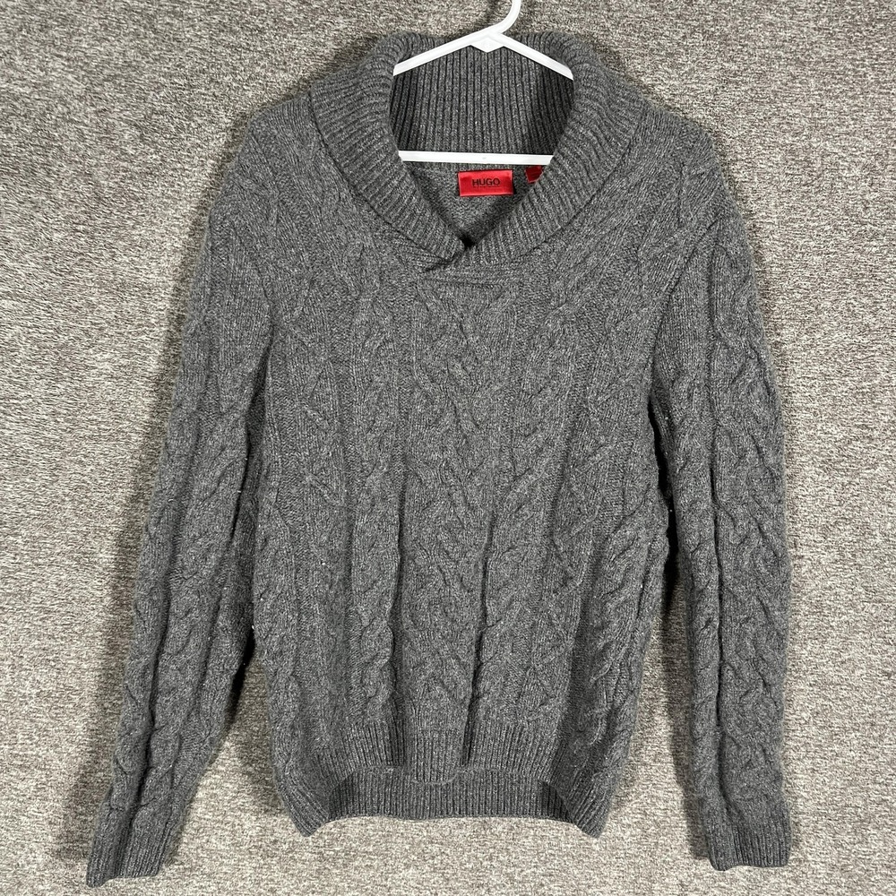 Hugo Boss HUGO‎ Sweater Mens Medium Gray Cable Knit Shawl Collar Wool Pullover